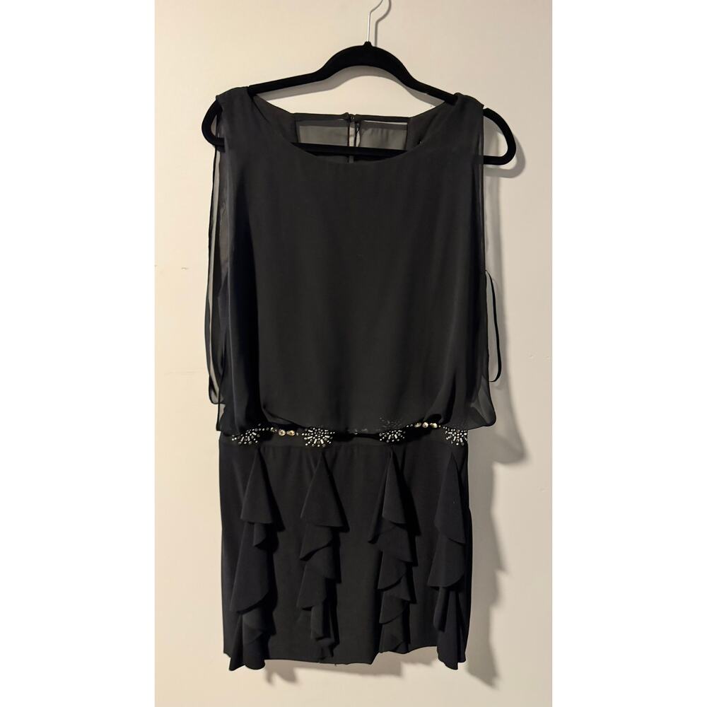 VTG Betsy & Adam Sleeveless Black Sequin Waist Ruffle Tiered Cocktail Dress Sz14